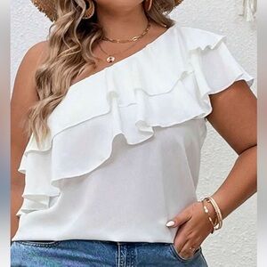 White House Black Market One Shoulder Poplin Ruffled Blouse Sz 4 NWT White